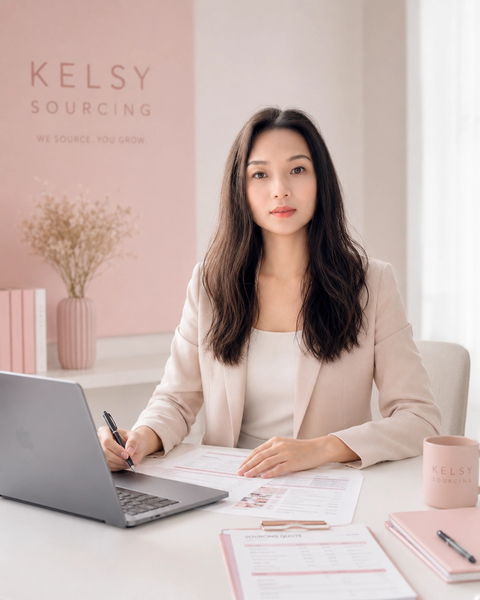 Kelsy reviewing sourcing documents in Guangzhou