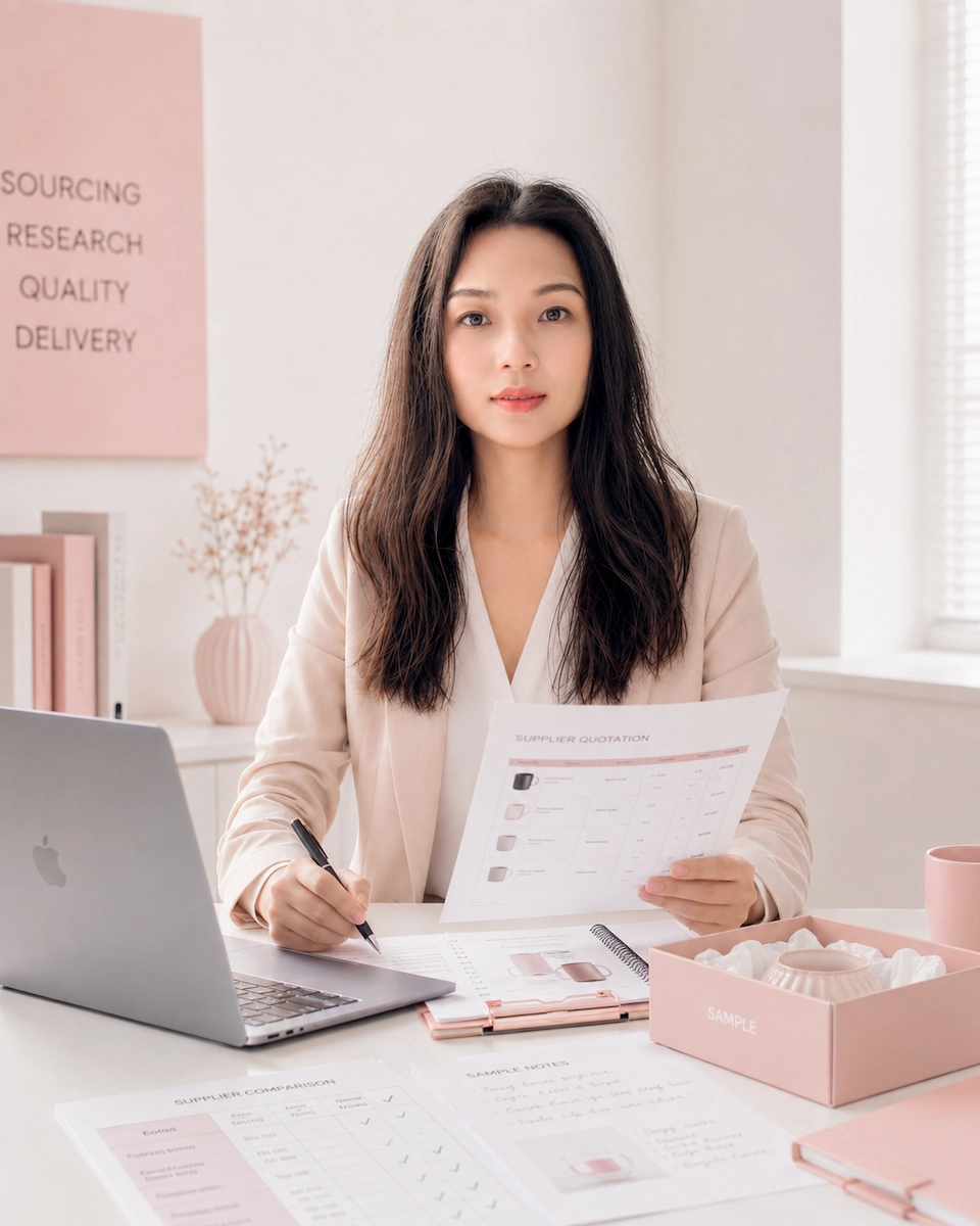 Kelsy reviewing supplier quotations and product samples