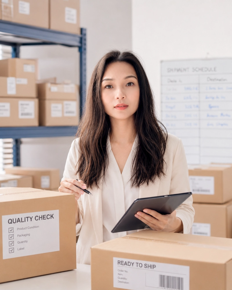 Kelsy checking cartons and shipment details